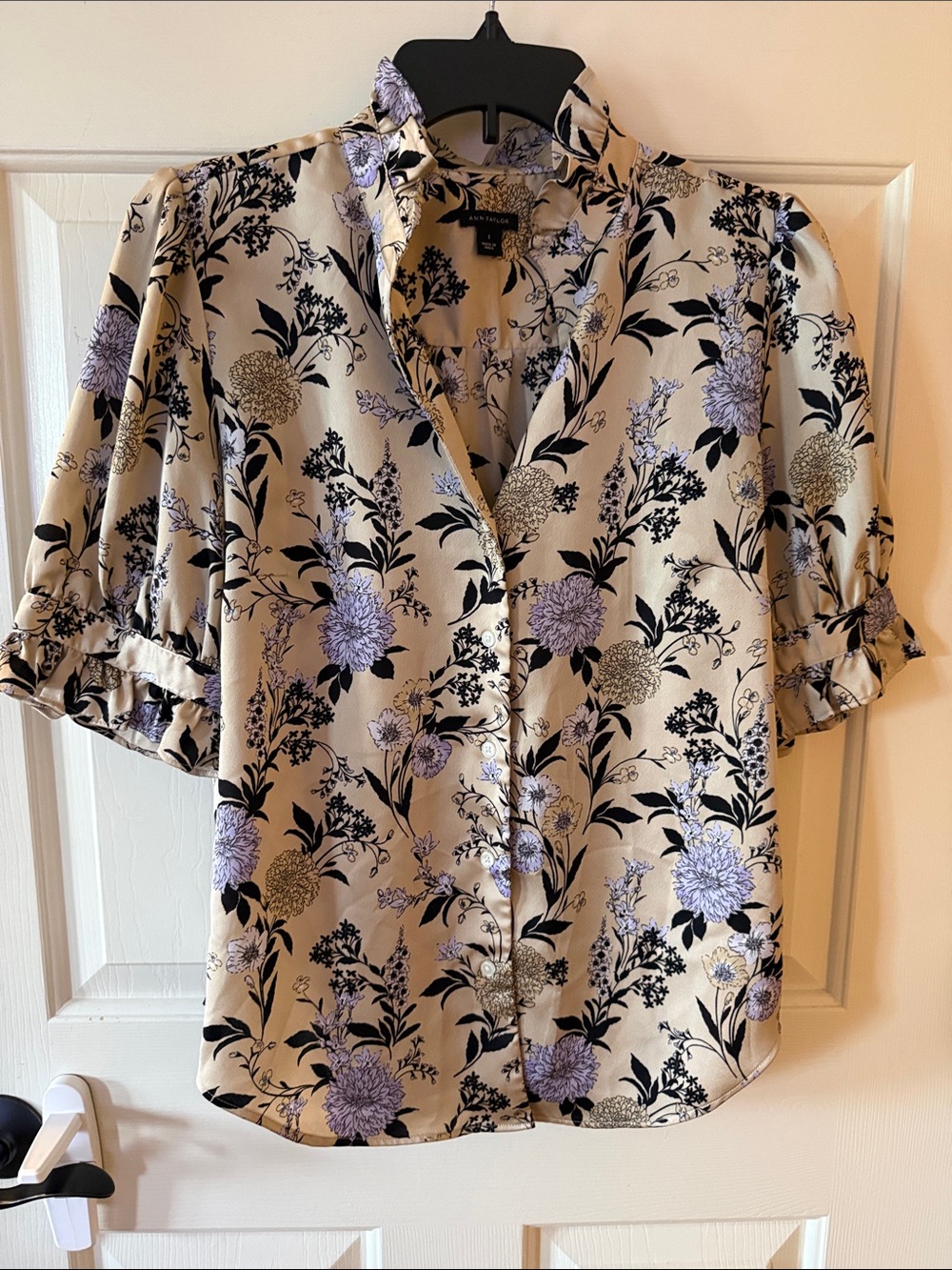 Ann Taylor Cream Floral Button-Up Blouse with Lavender Accents